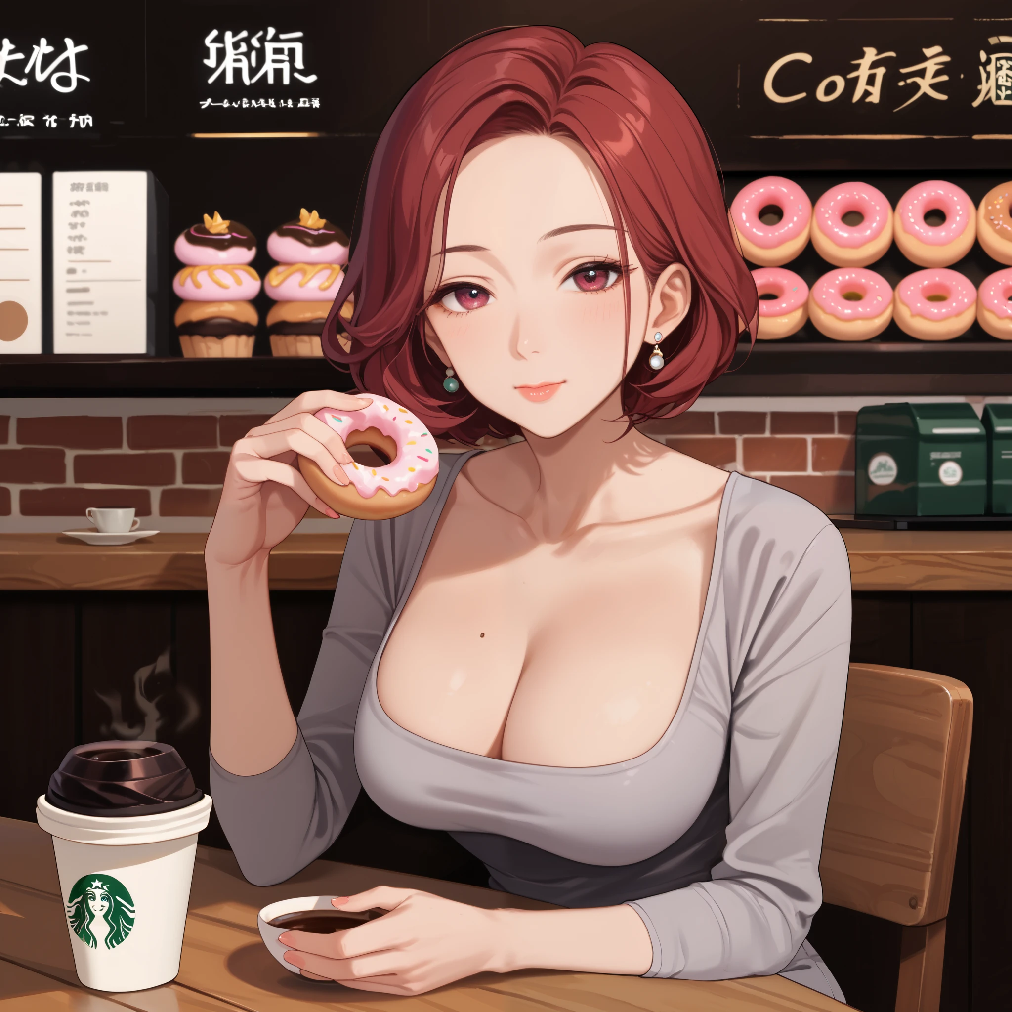 score_9, score_8_up, score_7_up, (1milf, solo), 30years old, (maroon short hair, round bob, forehead), (grey dongtan dress, medium breasts, cleavage, collarbone), (in the coffee shop, sitting on the wooden chair, coffee cup on the wooden table), eating donuts