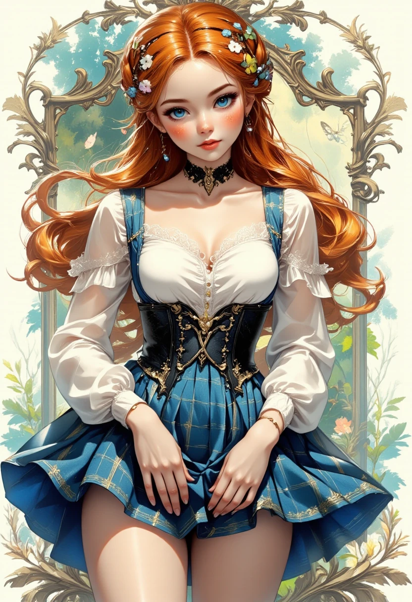 2d illustration A 22-year-old woman with fiery ginger hair cascading down in soft waves, styled into charming milkmaid braids interwoven with delicate wildflowers. Her porcelain complexion is adorned with a sprinkle of freckles, framing her strikingly bright blue eyes that sparkle with warmth and curiosity. High, elegant cheekbones accentuate a button nose and plush, rosy lips, giving her an enchanting and youthful allure. Her petite frame is draped in bobby socks with playful pastel stripes, complementing a flirty, blue chambray plaid short skirt that sways with every step. She exudes an air of sophistication in a sheer white button-down shirt, tastefully tucked in and adorned with a dainty black lace choker that gracefully encircles her neck, adding a touch of elegance to her ensemble. ultralong short, extremally detailed. hi-rez.