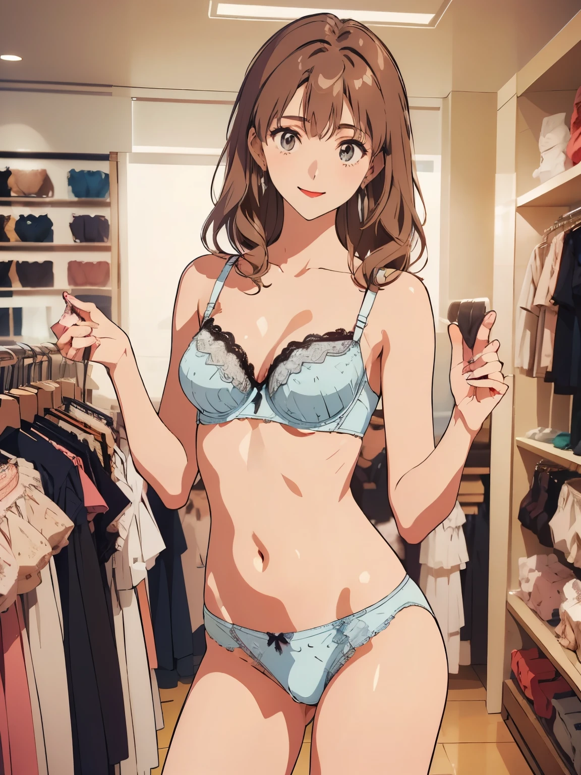 nsfw,masterpiece, top quality,  super detailed, ((((time_ Sumeragi ,  summary hair ,  best anatomy ,   innerwear , ( panties, elaborately designed luxury  panties for adults,  panties high definition images, draw  panties with super precision),  lace trim bra ,   very detailed texture,  earrings,  red lips,  embarrassing, , smile)))),  cowboy shot, (((underwear   innerwear  store))),  white skin, (presenting  panties), Underwear store interior, display  panties, (underwear section filled with many  panties), ( panties taken off)