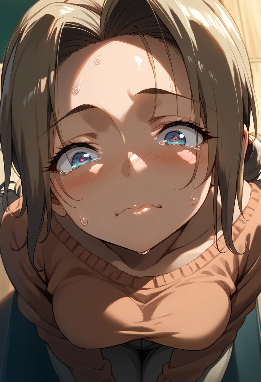 masterpiece, high definition , top quality,8k
(Akiko,mature)
( from above, close up on your face , excited face ,Shocked face,Half Closed Mouth ,Cross-eyed)(sweat)