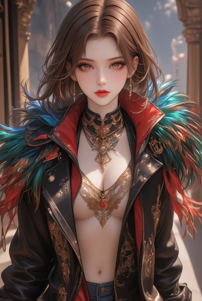 sexy beauty, shiny silky hair, amorous and lewd expression, captivating eyes, sexy red lips, superlative body proportion, wearing cool long coat made of iridescent peacock feathers, another dimension, effective effects, bold and dynamic, contrasts of light and shadow, 2.5D, artistic photography, hyper realistic, ultra detailed, absolutely resolution, masterpiece