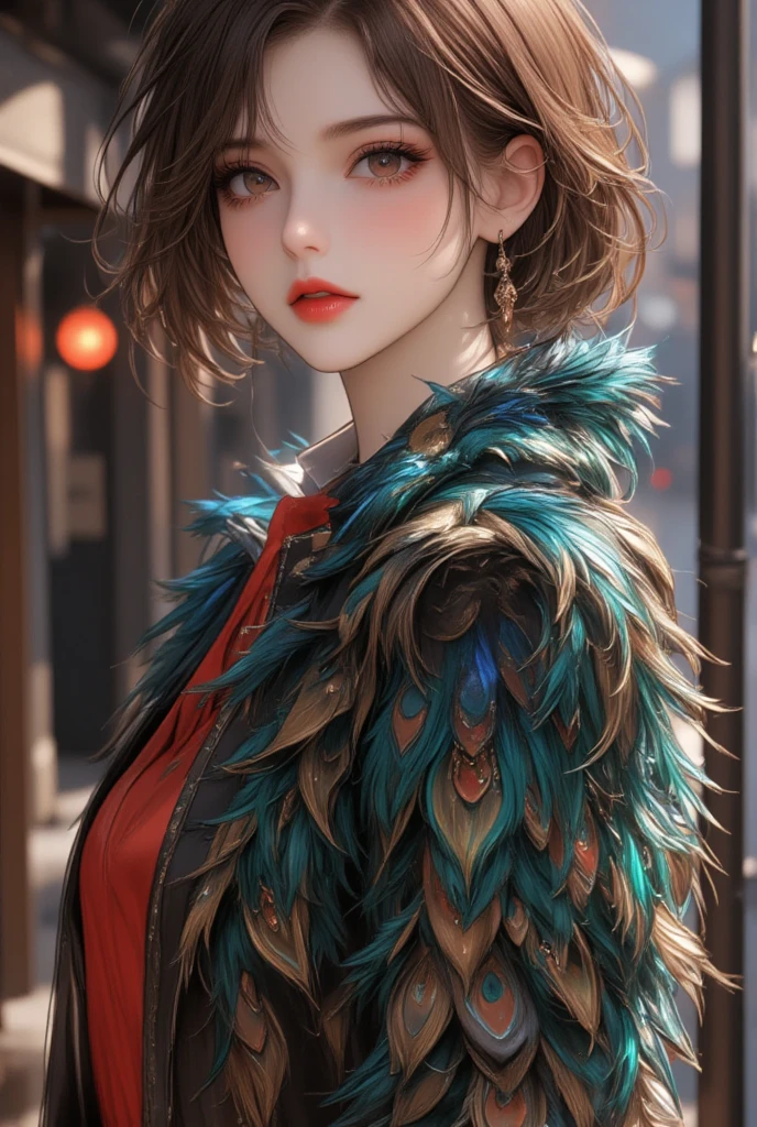 sexy beauty, shiny silky hair, amorous and lewd expression, captivating eyes, sexy red lips, superlative body proportion, wearing cool long coat made of iridescent peacock feathers, another dimension, effective effects, bold and dynamic, contrasts of light and shadow, 2.5D, artistic photography, hyper realistic, ultra detailed, absolutely resolution, masterpiece