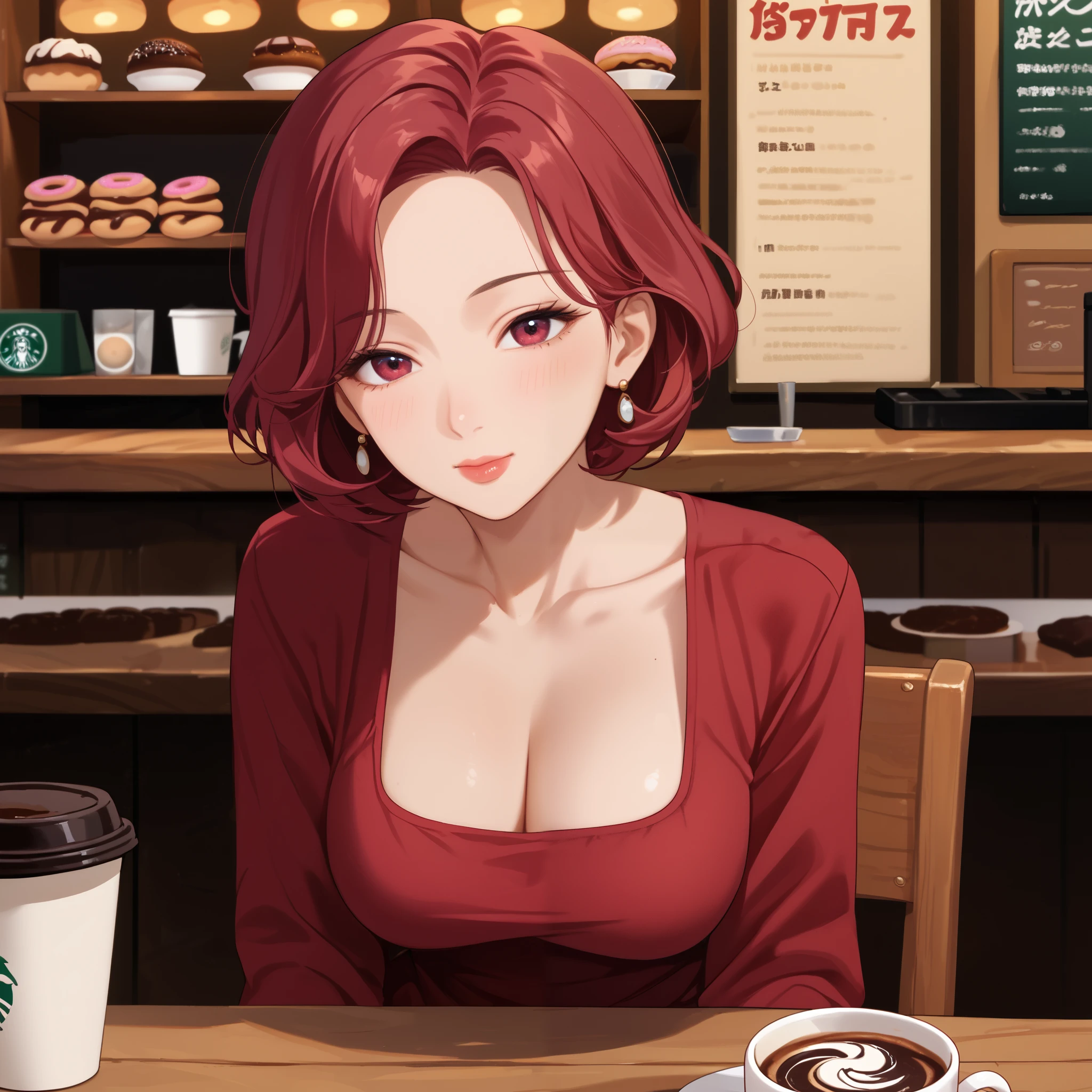 score_9, score_8_up, score_7_up, (1milf, solo), 30years old, (maroon short hair, round bob, forehead), (dongtan dress, medium breasts, cleavage, collarbone), (in the coffee shop, sitting on the wooden chair, coffee cup on the wooden table), eating donuts