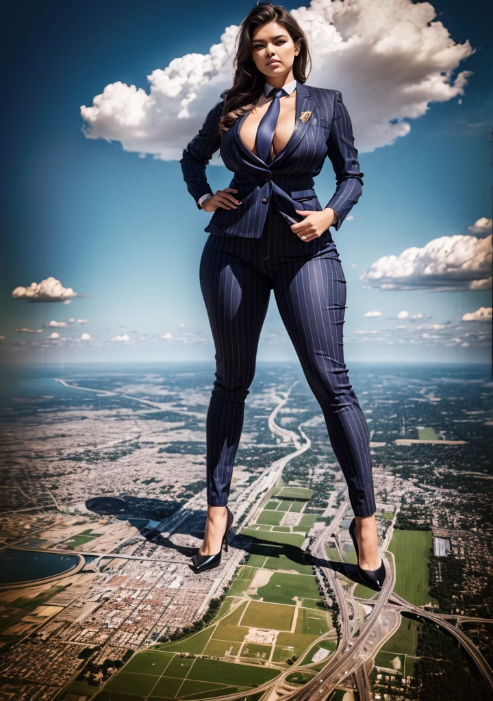  100 miles tall giantess stand upon a tiny planat, A sophisticated and stylish woman in a light grey italian pinstriped trousers suit, white shirt tucked neatly in trousers, and a 10cm width blue necktie in a windsor knot, tie length down to top of trousers, with a beautiful, curvaceous figure, massive breasts, and long blonde hair, with a curvaceous figure and massive breasts. wearing red rounded court shoes high heels with uncovered feet and standing, rampage-like pose, with a cityscape background of mega-city, urban sprawl, and small towns, partially obscured by a hazy, cloudy atmosphere. The image is a high-resolution, masterpiece-quality, cinematic, ultra-detailed, and hyper-photorealistic photograph, with perfect hands, face, and lighting. ultra-detailed, 8K, photo-realistic, hyper-realistic, masterpiece, intricate details, full body view. Looking at camera, The image is a high-resolution, masterpiece-quality, cinematic, ultra-detailed, and hyper-photorealistic photograph, with perfect hands, face, and lighting. ultra-detailed, 8K, photo-realistic, hyper-realistic, masterpiece, intricate details, full body view