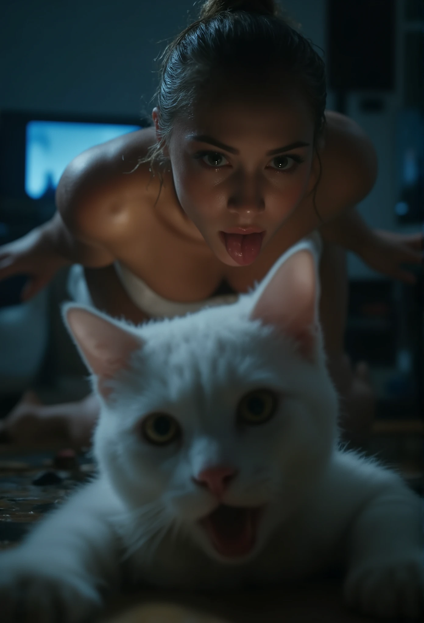 I can see the whole body、 she's wearing a stylish white dress。.、 hair tied at the back 、 standing on a cat with a light on , Iを見て舌を出して挑発している.。I'In a dimly lit room'The lights are on 。There' TV in the back 、 1 hour drawing challenge showing naked men and women 。 showing pubic hair through 。 angle from below , ( hyperrealistic ), (8k), ( very detailed ), ( best illustrations), ( beautiful detailed eyes in atata), ( top quality), ( ultra detail), (masterpiece), ( wallpaper), ( detailed face ), Alone, 1 girl, 1 hour drawing challenge , Wet sweat, ( school uniform:1.3), viewers who stop at the edge , Exquisite Details, detailed face s, , pure loss face_ v1,