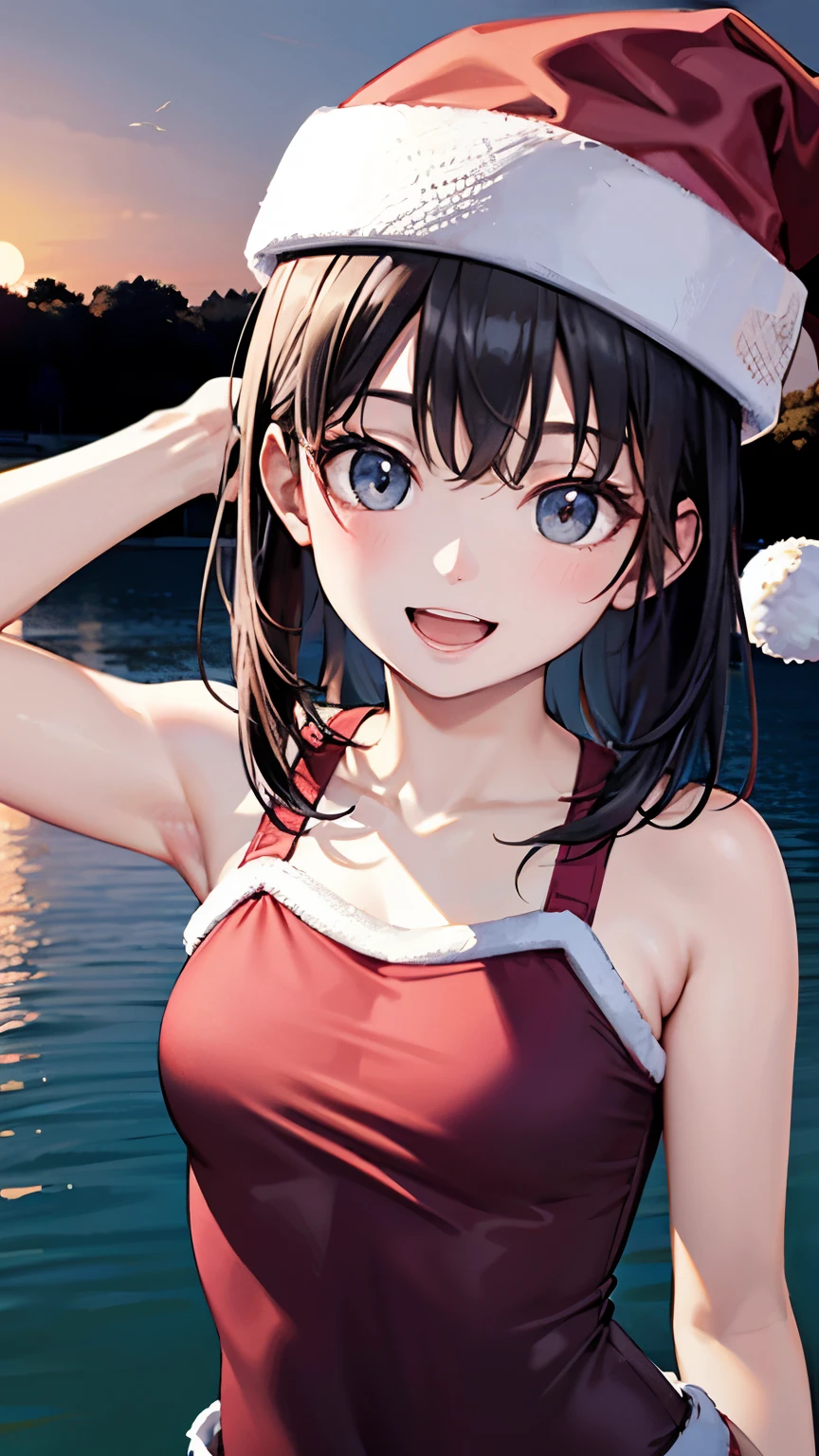 alone, One girl、Crown braids in the same color as your hair, hair ornaments, Hair Ribbon, (Pink Bikini),Red Eyes、Black Hair、(Kissing face with eyes closed on the viewer:1.4)、(blush:1.5)、C cup breasts、(The entire screen is underwater)