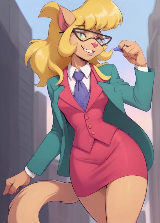 calliebriggs, furry female anthro, cat girl, full body, red skirt suit, necktie, (((three-piece suit))), necktie, (((blazer))), (((suit jacket))),, ((waistcoat)), (((bodycon skirt))), high heels, solo, (body fur:1.2), (best quality), (detailed urban background:1.2), dramatic lighting, (detailed fluffy fur:1.1), looking at viewer,  smile, glasses, tail,