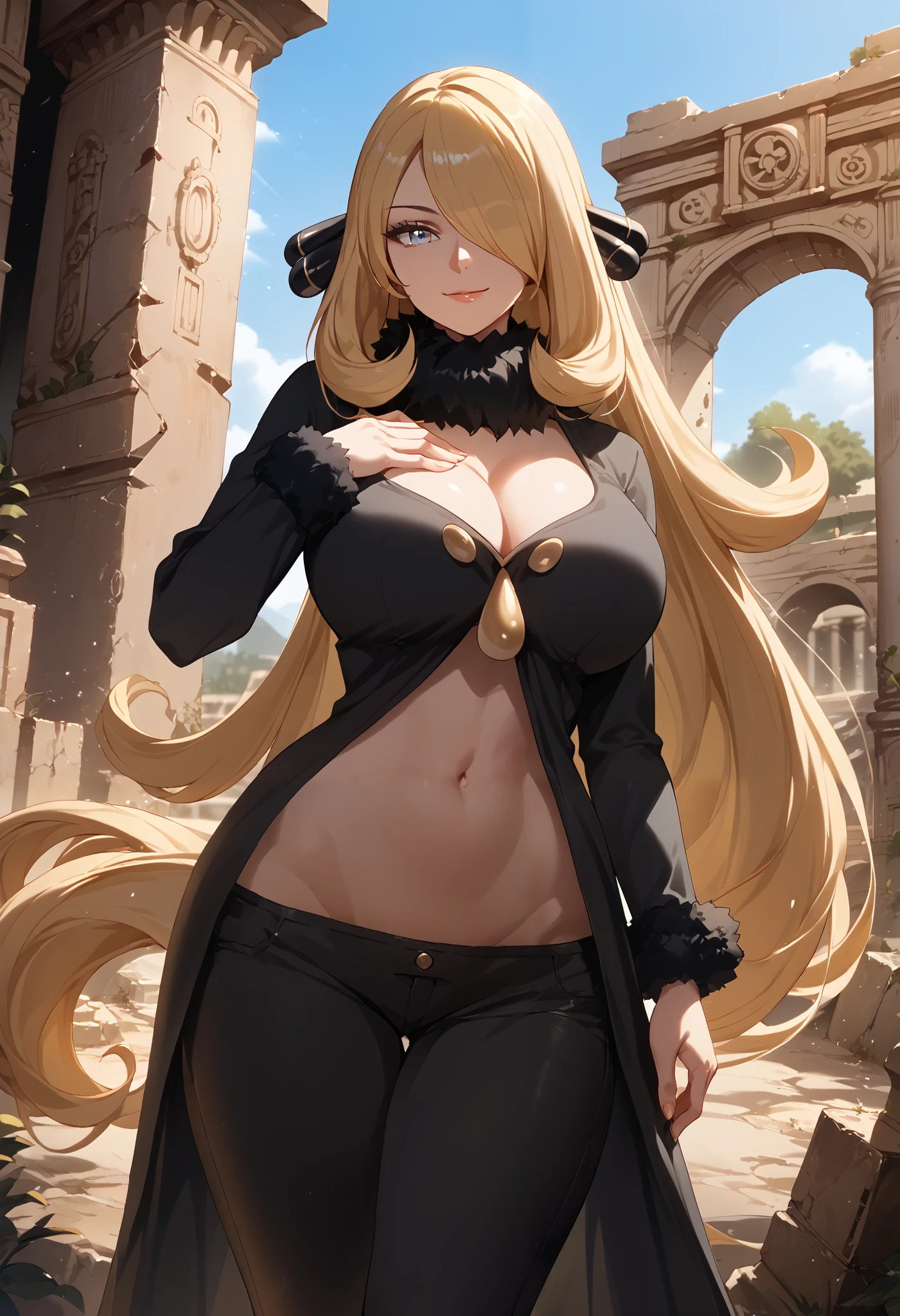 Perfect CG unity 8K UHD wallpaper, Perfect CG unity 8K UHD wallpaper, absurdres, best quality, 1girl, solo, looking at viewer, blue eyes, bright eyes, floating hair, defCynthia, blond hair, very long hair, hair over one eye, one eye covered, hair ornament, fur collar, smile, cleavage, black gown, long sleeves, black pants, outdoors, standing, hand on chest, ((ancient ruins)), cowboy shot, huge breasts, (exposed navel), (lowleg_pants), groin, 