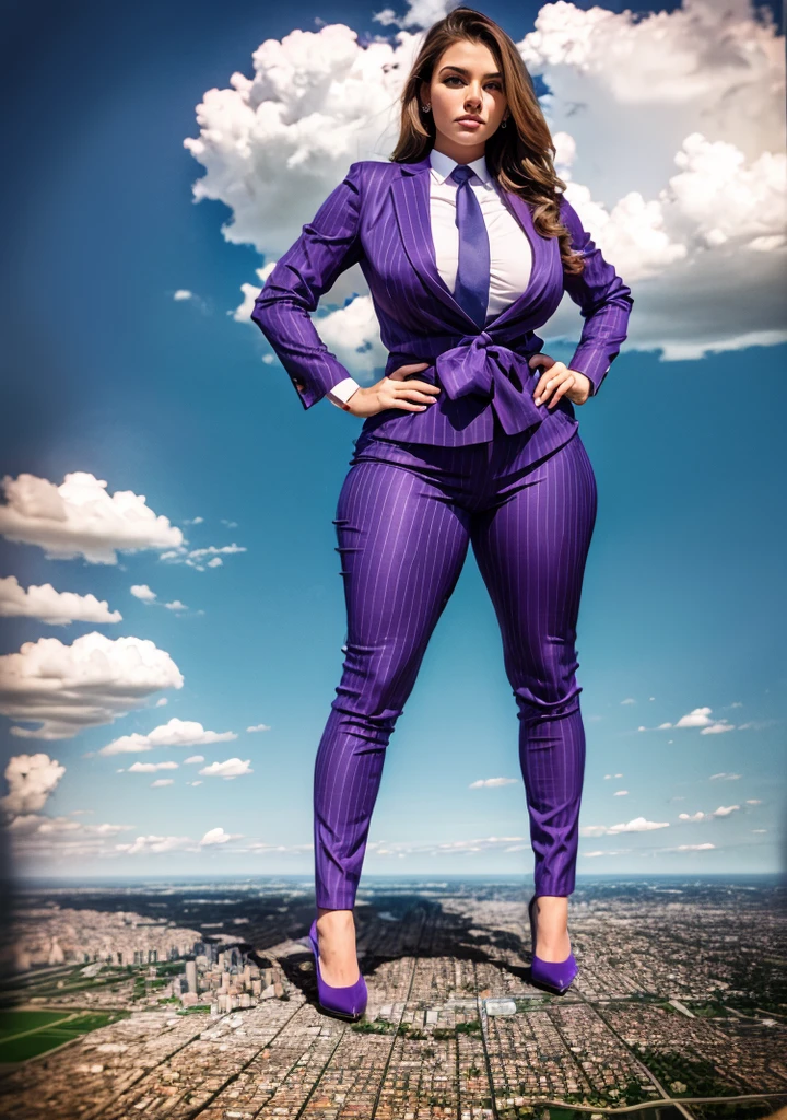  100 miles tall giantess stand upon a tiny planat, A sophisticated and stylish woman in a light grey italian pinstriped trousers suit, white shirt tucked neatly in trousers, and a 10cm width purple necktie in a windsor knot, tie length down to top of trousers, with a beautiful, curvaceous figure, massive breasts, and long blonde hair, with a curvaceous figure and massive breasts. wearing red rounded court shoes high heels with uncovered feet and standing, rampage-like pose, with a cityscape background of mega-city, urban sprawl, and small towns, partially obscured by a hazy, cloudy atmosphere. The image is a high-resolution, masterpiece-quality, cinematic, ultra-detailed, and hyper-photorealistic photograph, with perfect hands, face, and lighting. ultra-detailed, 8K, photo-realistic, hyper-realistic, masterpiece, intricate details, full body view. Looking at camera, The image is a high-resolution, masterpiece-quality, cinematic, ultra-detailed, and hyper-photorealistic photograph, with perfect hands, face, and lighting. ultra-detailed, 8K, photo-realistic, hyper-realistic, masterpiece, intricate details, full body view