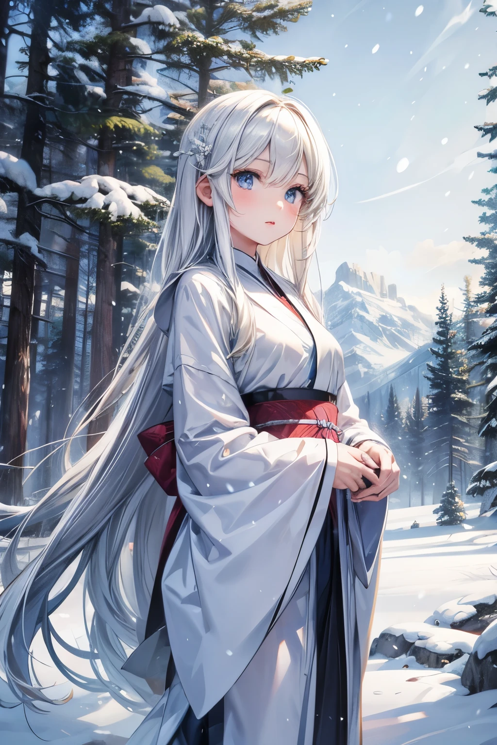 masterpiece, top quality, very detailed ,photo realistic , realistic ,  Ultra High Resolution ,  Masterpiece, pretty girl, ager, smaller breasts, Thin Waist ,White straight hair, perfect eyes, very cute,slender,Snow Woman, White Kimono,Snowy Mountain ,Forest,Snowstorm
