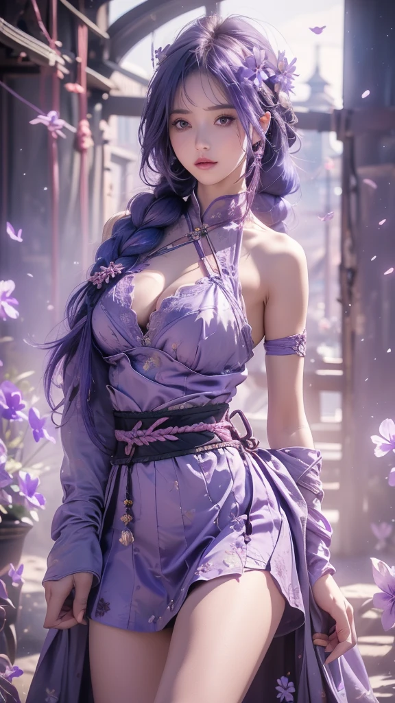 {best quality}, {very aesthetic}, {ultra-detailed}, nsfw、((spread legs))、Sexy Lolita female character wearing purple armor as a warrior from the Sengoku period、((realistic))、((rope braid hair))、((Mauve blue hair ))、((toned body))、(glistening skin)、loli、、 tight body、((flat chest))、((side boob))、 flat chested、 plump thighs 、 purple armor with violet flower patterns engraved 、((side boob))、(  wearing a cape with a violet flower pattern )、(drape skirt)、 purple armor with violet flowers engraved on it 、 purple high-leg underwear 、Purple tights、 absolute domain、(holding katana)、Dramatic lighting、Brilliant sunrise、 on top of the hill、((Violets dancing ))、(( full bloom in the background ))、(( large violet flowers in full bloom on the front ))、 cinema-like scene 、 Max Image、 Ultra High Definition、8k、masterpiece、crisp quality、