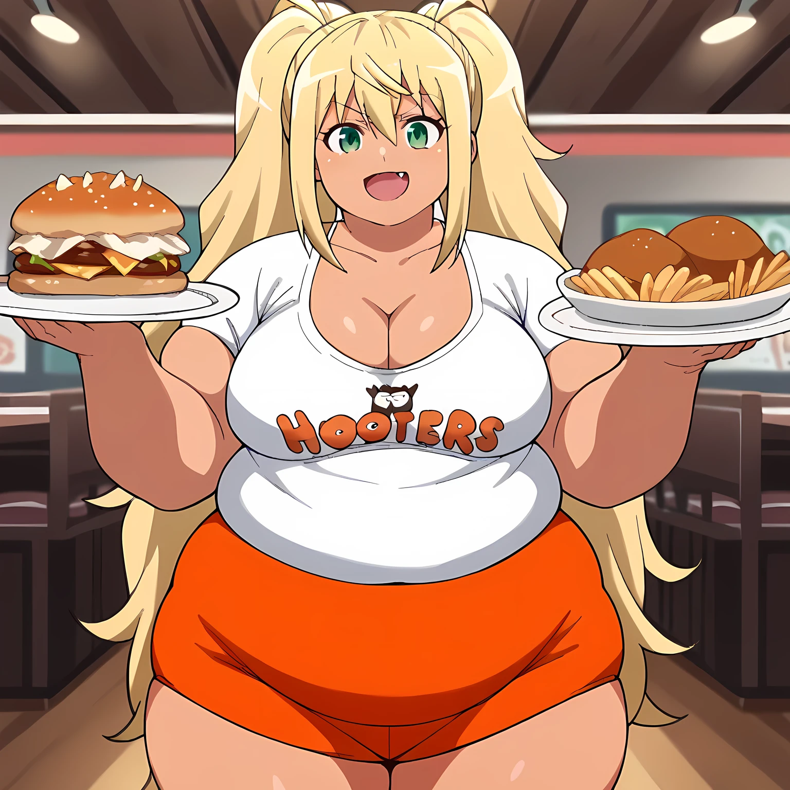 score_9, score_8_up, score_7_up, source_anime, hibiki sakura, long hair, blonde hair, hair between eyes, twintails, green eyes, fang, dark skin, dark-skinned female, gyaru, mature female, large breasts, hooters, shirt, white shirt, short shorts, clothes writing, brand name imitation, orange shorts, cleavage, restaurant, food, plate, holding plate, smile,, cowboy shot, looking at viewer fat, chubby, obese, gigantic arms and legs, large breasts open mouth, out of breath