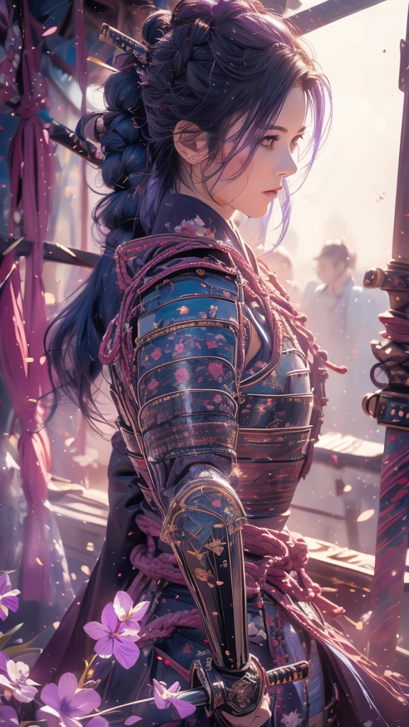 {best quality}, {very aesthetic}, {ultra-detailed}, nsfw、((spread legs))、Sexy Lolita female character wearing purple armor as a warrior from the Sengoku period、((realistic))、((rope braid hair))、((Mauve blue hair ))、((toned body))、(glistening skin)、loli、、 tight body、((flat chest))、((side boob))、 flat chested、 plump thighs 、 purple armor with violet flower patterns engraved 、((side boob))、(  wearing a cape with a violet flower pattern )、(drape skirt)、 purple armor with violet flowers engraved on it 、 purple high-leg underwear 、Purple tights、 absolute domain、(holding katana)、Dramatic lighting、Brilliant sunrise、 on top of the hill、((Violets dancing ))、(( full bloom in the background ))、(( large violet flowers in full bloom on the front ))、 cinema-like scene 、 Max Image、 Ultra High Definition、8k、masterpiece、crisp quality、