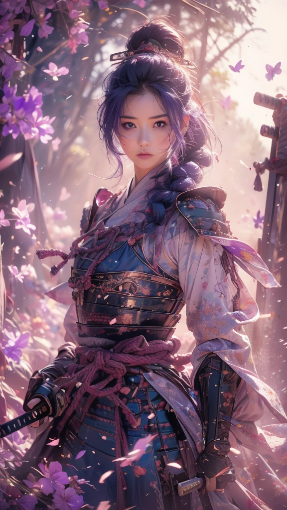 {best quality}, {very aesthetic}, {ultra-detailed}, nsfw、((spread legs))、Sexy Lolita female character wearing purple armor as a warrior from the Sengoku period、((realistic))、((rope braid hair))、((Mauve blue hair ))、((toned body))、(glistening skin)、li、、 tight body、((flat chest))、((side boob))、 flat chested、 plump thighs 、 purple armor with violet flower patterns engraved 、((side boob))、(  wearing a cape with a violet flower pattern )、(drape skirt)、 purple armor with violet flowers engraved on it 、 purple high-leg underwear 、Purple tights、 absolute domain、(holding katana)、Dramatic lighting、Brilliant sunrise、 on top of the hill、((Violets dancing ))、(( full bloom in the background ))、(( large violet flowers in full bloom on the front ))、 cinema-like scene 、 Max Image、 Ultra High Definition、8k、masterpiece、crisp quality、