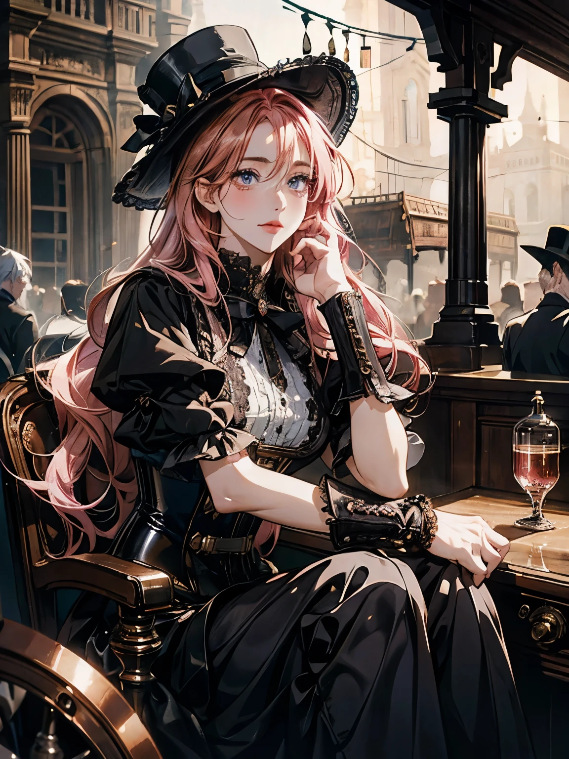    anime girl   with pink hair sitting on the floor in front of a table, seductive    anime girl  , beautiful    anime girl   squatting,  Anime Style 4 k, beautiful    anime girl  ,  Anime Style. 8k, Nightcore,    anime girl   with long hair,   realistic anime art style  , cute    anime girl  ,    anime girl  , (   anime girl  ),     high quality anime art style  、steampunk girl, Beautiful and sophisticated eyes, Beautiful and exquisite lips,  Extremely Exquisite Face and Skin ,  long eyelashes,  Intricate Machine Gears , Clockwork mechanism, Copper and brass accents,  Victorian Era Dress, Leather corset, Glowing Steam Mouth ,  moody lighting ,  Dramatic Shadows ,  cinematic composition,  digital painting ,  Calm Color Palette , Warm tones, Very sophisticated, Hydraulic cylinder, Big top hat 、street