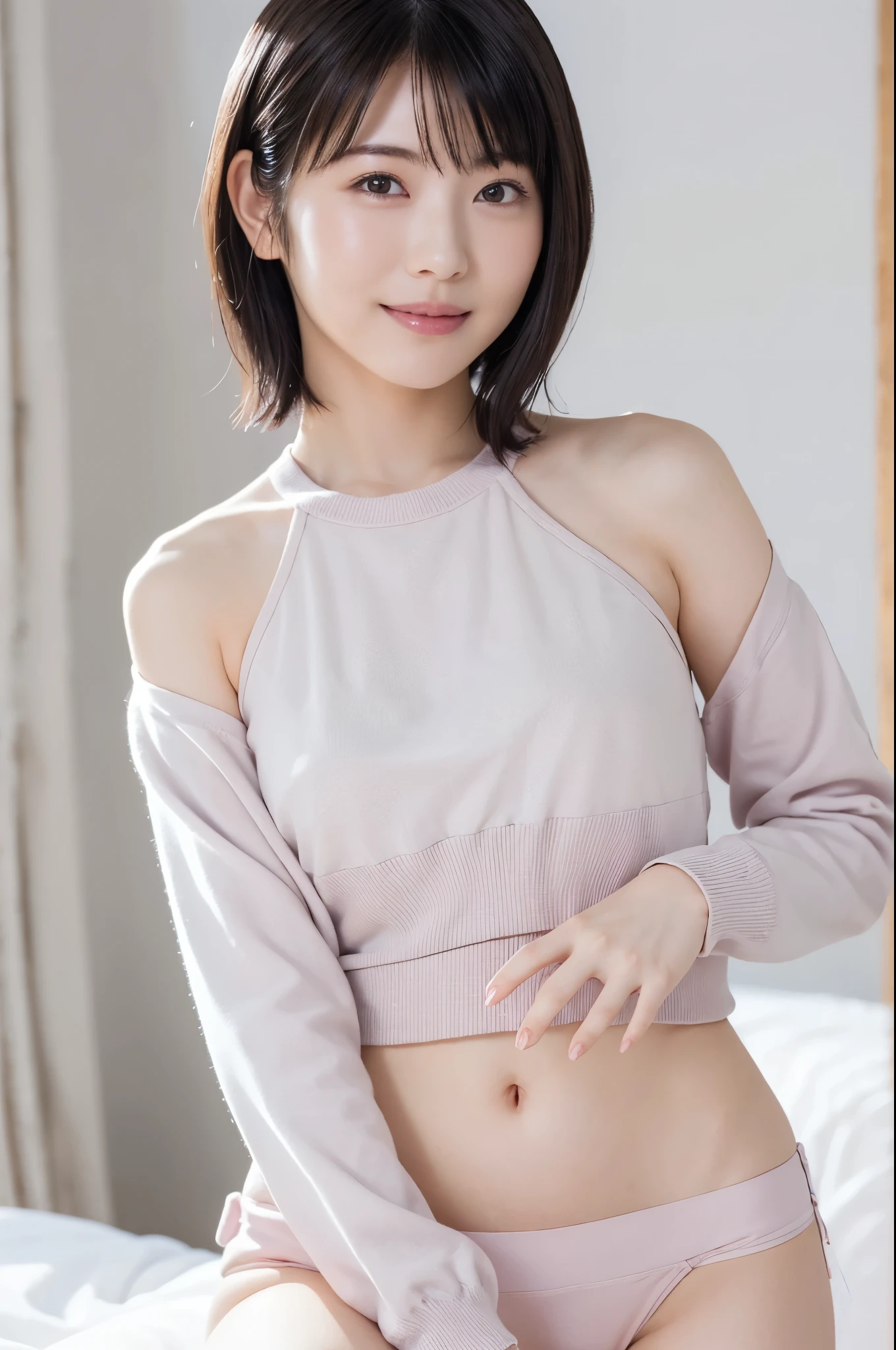 ( super beautiful girl :1.2), neat and clean woman , Masterpiece , top quality, Great Skin, delicate face, cool smile, Young Face, clean looking , sparkling eyes , double eyelids 、 (( high definition )), (( High Definition CG Unity 8K Wallpaper )), short hair, bangs, elegant rounded bob, the face is facing the front 、 A woman dressed in pastel colors 、 An attractive and captivating , dim room, sentimental、Take a picture above the crotch、( thin)