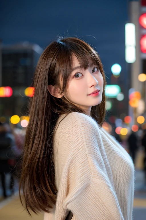 winter, urban area, Tokyo, in the midnight, gorgeous cityscape, amid the crowd, dressed fluffy warm fashion, tilt head forward, fidgeting, expression of heart is pounding with tension, blushing, medium length hair, pale orange and brown hair, hair fluttering in the wind, beautiful white-colored translucent skin, slendar figure, adult sexiness, alluring, glossy face, cold and shivering, {realistic}, {cinematic}, {photogenic}