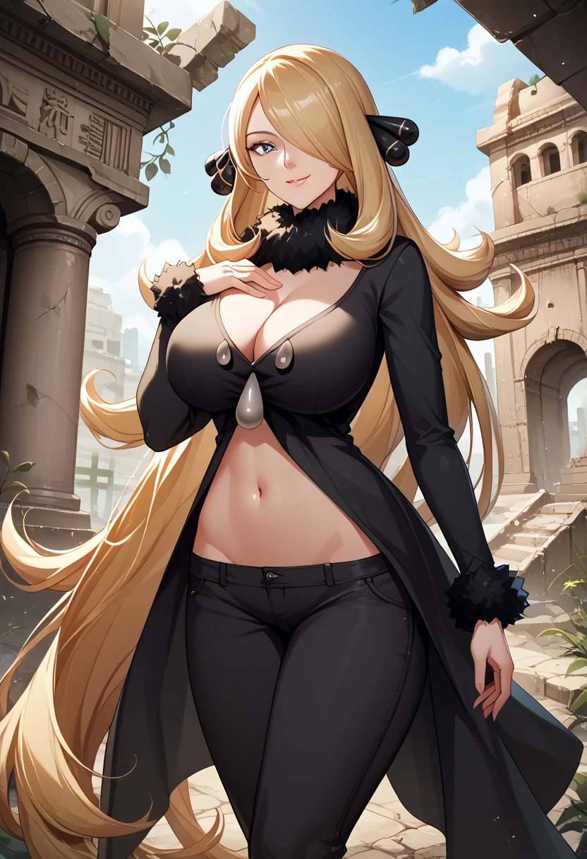 Perfect CG unity 8K UHD wallpaper, Perfect CG unity 8K UHD wallpaper, absurdres, best quality, 1girl, solo, looking at viewer, blue eyes, bright eyes, floating hair, defCynthia, blond hair, very long hair, hair over one eye, one eye covered, hair ornament, fur collar, smile, cleavage, black gown, long sleeves, black pants, outdoors, standing, hand on chest, ((ancient ruins)), cowboy shot, huge breasts, (exposed navel), (lowleg_pants), groin, 