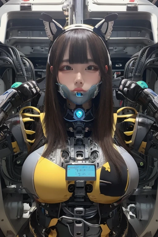 masterpiece, best quality, extremely detailed,portrait,upper body,front view,Japaese android girl,Plump, control panels,android,Droid,front cutout uniform,Mechanical Hand, Robot arms and legs,Blunt bangs,long tube,thick cable connected her neck,