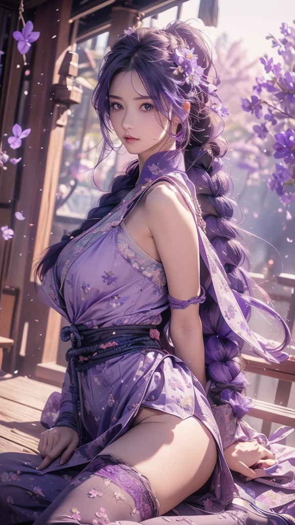 {best quality}, {very aesthetic}, {ultra-detailed}, nsfw、((spread legs))、Sexy Lolita female character wearing purple armor as a warrior from the Sengoku period、((realistic))、((rope braid hair))、((Mauve blue hair ))、((toned body))、(glistening skin)、loli、、 tight body、((flat chest))、((side boob))、 flat chested、 plump thighs 、 purple armor with violet flower patterns engraved 、((side boob))、(  wearing a cape with a violet flower pattern )、(drape skirt)、 purple armor with violet flowers engraved on it 、 purple high-leg underwear 、Purple tights、 absolute domain、(holding katana)、Dramatic lighting、Brilliant sunrise、 on top of the hill、((Violets dancing ))、(( full bloom in the background ))、(( large violet flowers in full bloom on the front ))、 cinema-like scene 、 Max Image、 Ultra High Definition、8k、masterpiece、crisp quality、