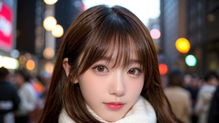 winter, urban area, Tokyo, in the midnight, gorgeous cityscape, amid the crowd, dressed fluffy warm fashion, tilt head forward, fidgeting, expression of heart is pounding with tension, blushing, medium length hair, pale orange and brown hair, hair fluttering in the wind, beautiful white-colored translucent skin, slendar figure, adult sexiness, alluring, glossy face, cold and shivering, {realistic}, {cinematic}, {photogenic}