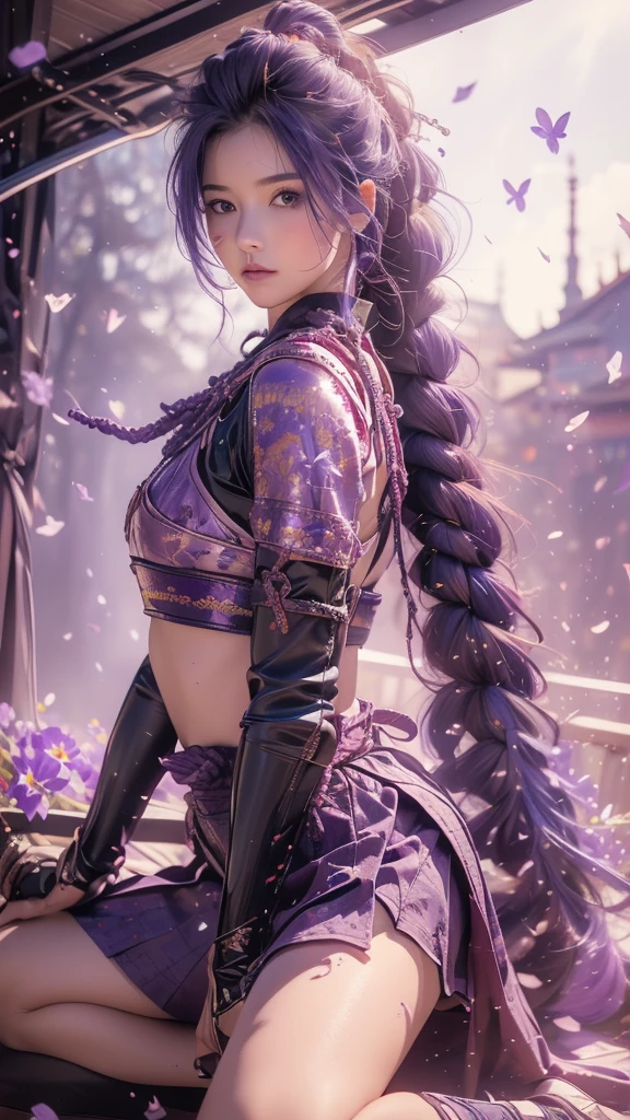 {best quality}, {very aesthetic}, {ultra-detailed}, nsfw、((spread legs))、Sexy Lolita female character wearing purple armor as a warrior from the Sengoku period、((realistic))、((rope braid hair))、((Mauve blue hair ))、((toned body))、(glistening skin)、loli、、 tight body、((flat chest))、((side boob))、 flat chested、 plump thighs 、 purple armor with violet flower patterns engraved 、((side boob))、(  wearing a cape with a violet flower pattern )、(drape skirt)、 purple armor with violet flowers engraved on it 、 purple high-leg underwear 、Purple tights、 absolute domain、(holding katana)、Dramatic lighting、Brilliant sunrise、 on top of the hill、((Violets dancing ))、(( full bloom in the background ))、(( large violet flowers in full bloom on the front ))、 cinema-like scene 、 Max Image、 Ultra High Definition、8k、masterpiece、crisp quality、