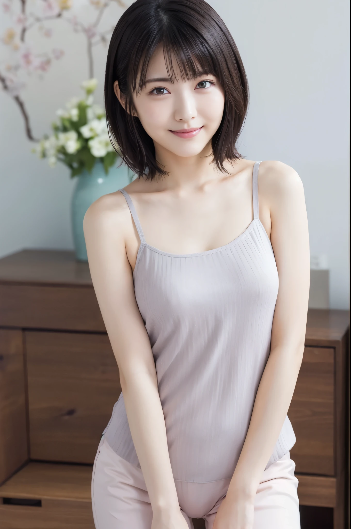 ( super beautiful girl :1.2), neat and clean woman , Masterpiece , top quality, Great Skin, delicate face, cool smile, Young Face, clean looking , sparkling eyes , double eyelids 、 (( high definition )), (( High Definition CG Unity 8K Wallpaper )), short hair, bangs, elegant rounded bob、 Woman wearing a pastel colored camisole、 An attractive and captivating , dim room, sentimental、Take a picture above the crotch、( thin)、( without standing)