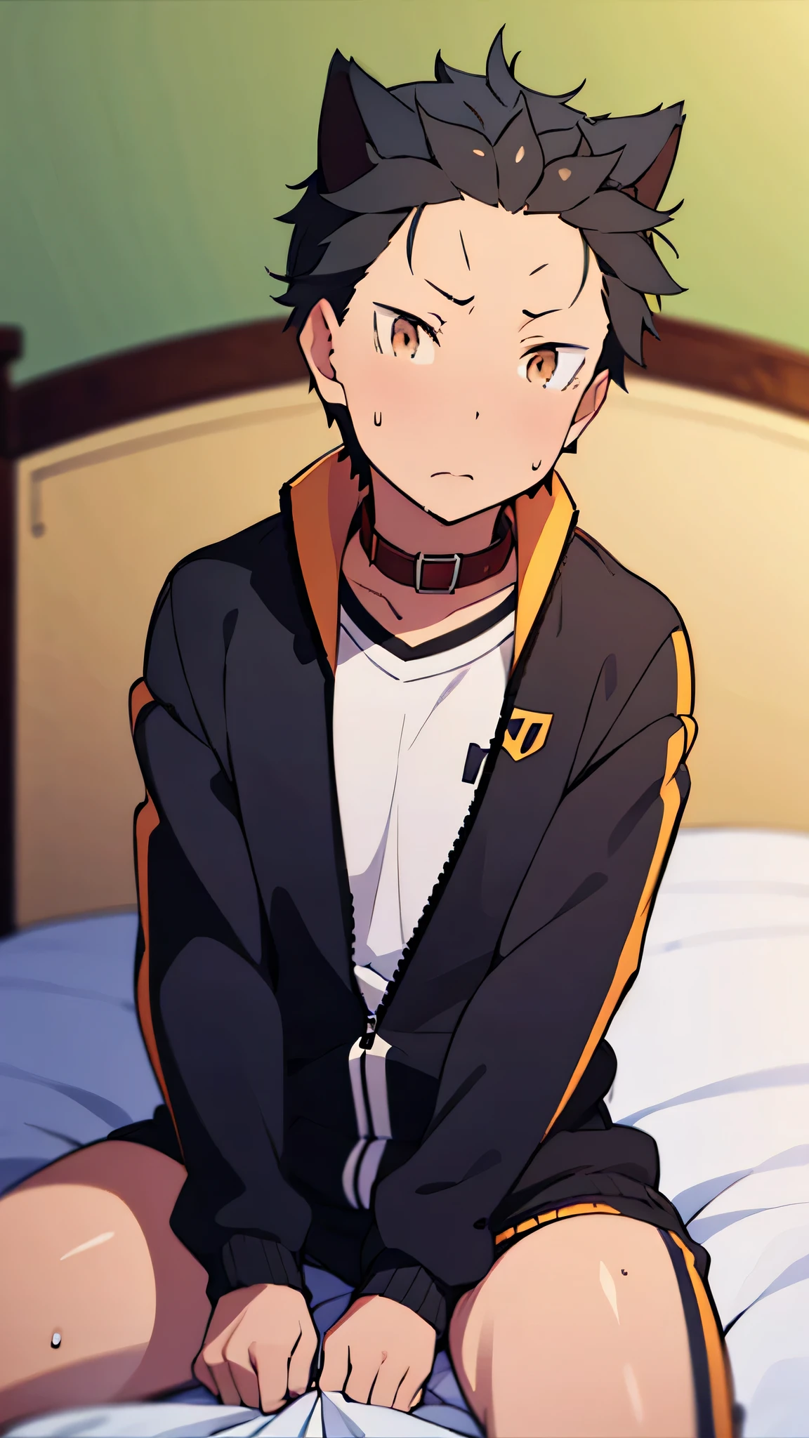 Jacket、Cat ears, cat tail,Red collar,Natsuki Subaru,Short Hair,((Sweaty,))NFSW+,Natsuki Subaru, boys、 on the bed,upper body,onThe bed,++,Jersey,knees, gym sitting ,