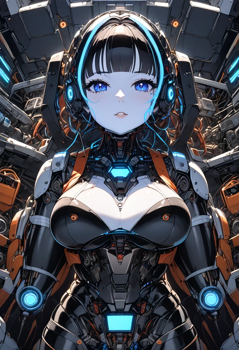 masterpiece, best quality, extremely detailed,portrait,upper body,front view,Japaese android girl,Plump, control panels,android,Droid,front cutout uniform,Mechanical Hand, Robot arms and legs,Blunt bangs,long tube,thick cable connected her neck,severed head