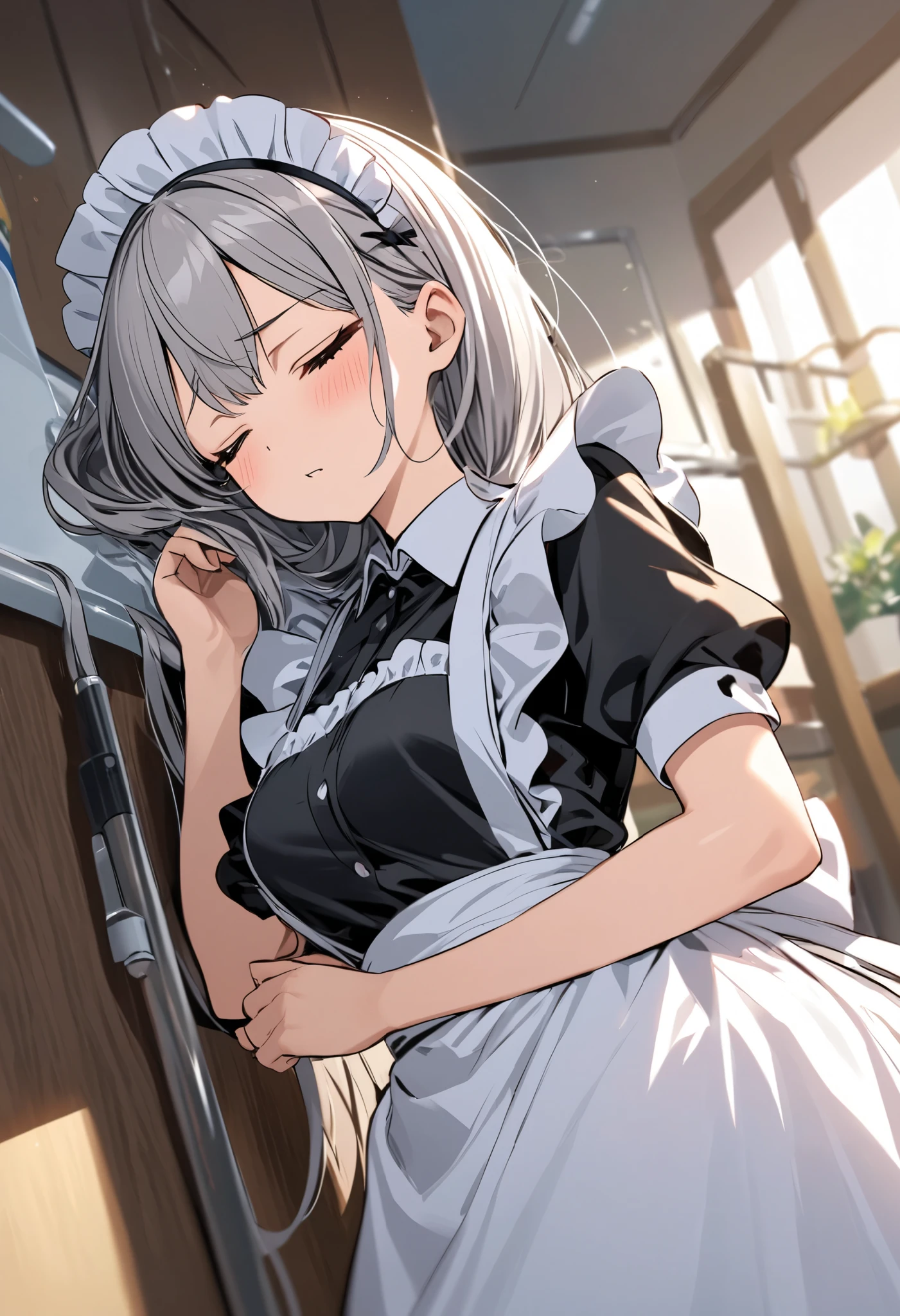 Maid girl sleepy despite being at work