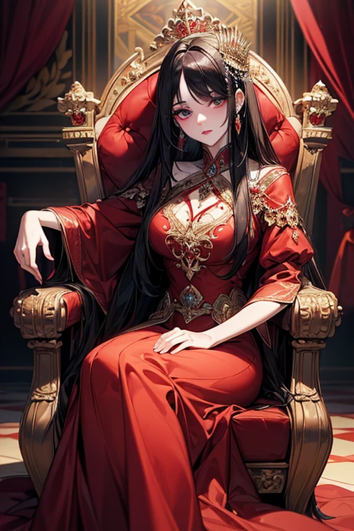 a woman with exaggerated large breasts, confident sitting on a throne, wearing a gorgeous red dress, a large ornate crown on her head, looking down at the viewer, detailed facial features, hyper-realistic, 8k, ultra-detailed, photorealistic, masterpiece, dramatic lighting, cinematic, oil painting、She is a Japanese woman、She is protected by the knights.
