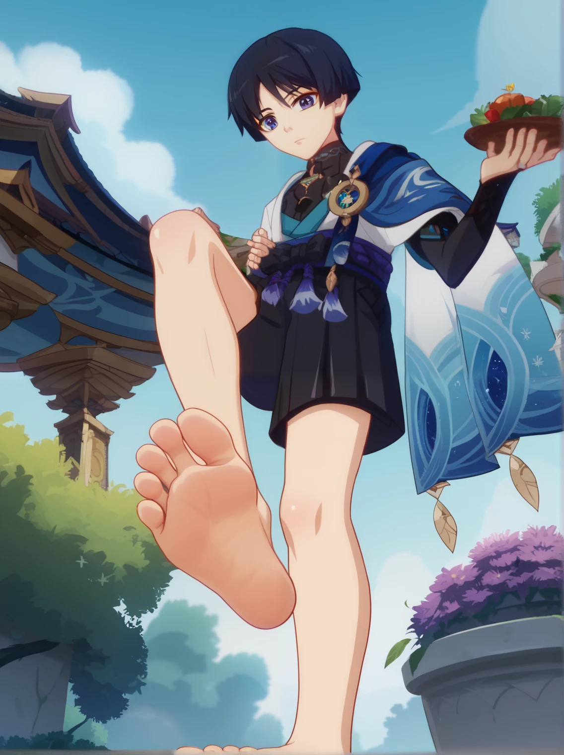 Score_9, score_8_up, source_anime, 1boy, Wanderer, big eyes, alone, looking at viewer, in a garden, floating, lifting legs to show his soles, cowboy shot, ANIME SCREENCAP, anime coloring, barefoot, perfect feet, anatomically correct, soles, low angle, focal length 35mm, each foot has five toes, front, symmetrical soles, foot focus,