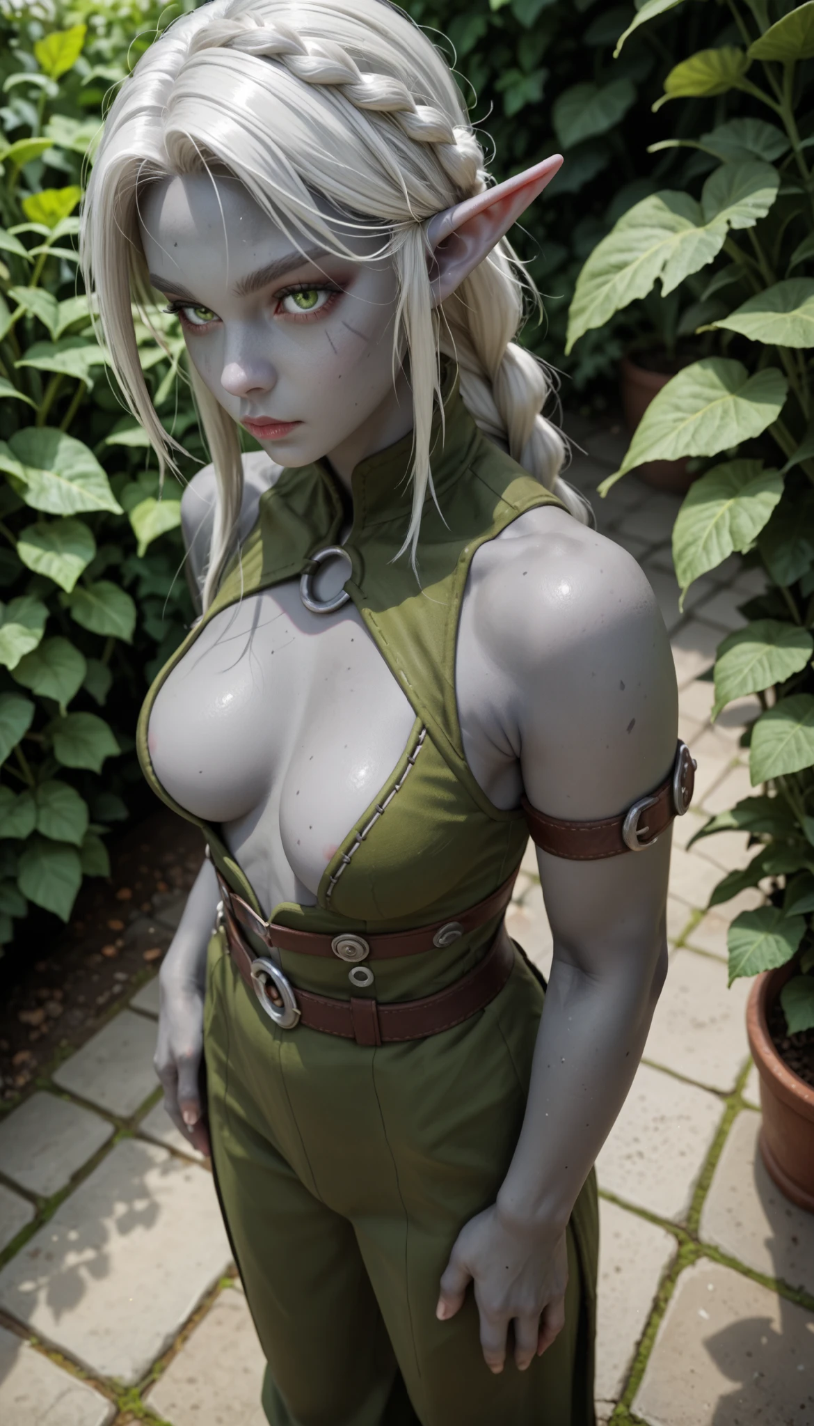 (zPDXL2), (PonyXLV6_Scores), source_anime, Expressiveh, full body shot, asymmetric image, BREAK
Inhata4564, 
Black elf woman standing in the garden, drow elf, undegroud elf, grey skin, pointy ears, long braid haircut, large curved pointy ears, sweet medium breasts, Rogue Clothes, from above, photo shot, palaroid frame, 
