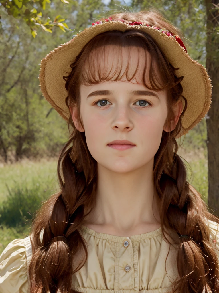 (best quality,4k,8k,highres,masterpiece:1.2),ultra-detailed,(realistic,photorealistic,photo-realistic:1.37), ((classroom, a peasant school girl, she wears dress, solo, shy)), ((very large bust size for her young age, 13 years old)), she wears beret, she wears no bra, braided red hair, pale skin, full body view