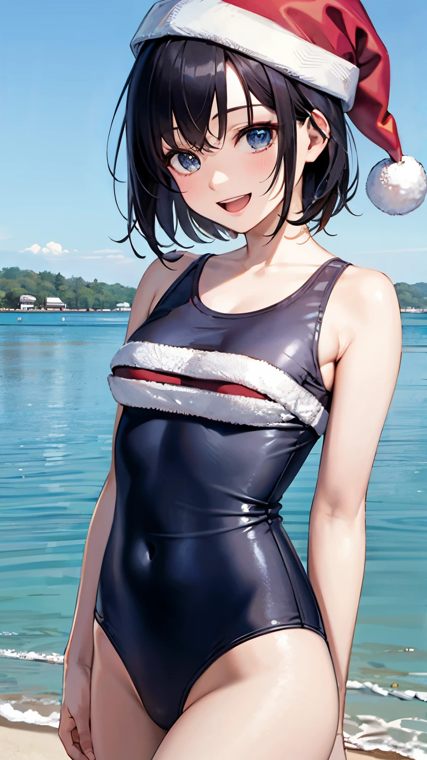 takahara ayumi, short hair, large breasts, wide hips, smile, wetsuit, goggles, beach, <lora:Takahara Ayumi V2:0.6>