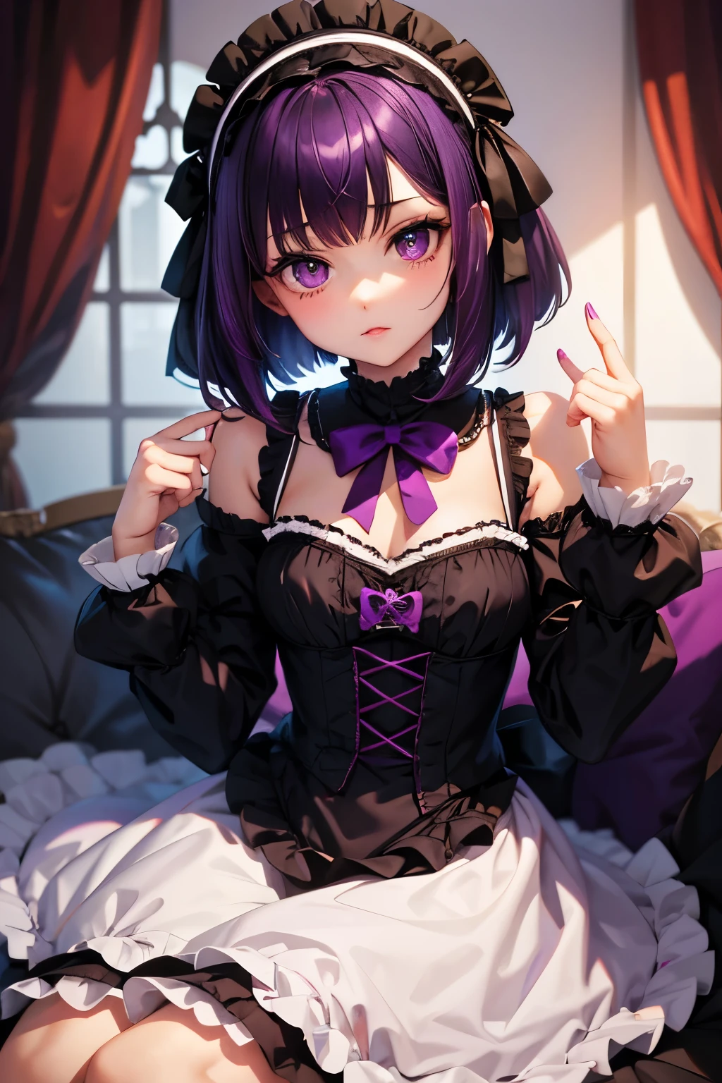 young girl, short black and purple hair, Short braid, bunny ears, Yellow eyes, purple lipstick, Gothic dress, open breasts, Smile, Masterpiece, hiquality