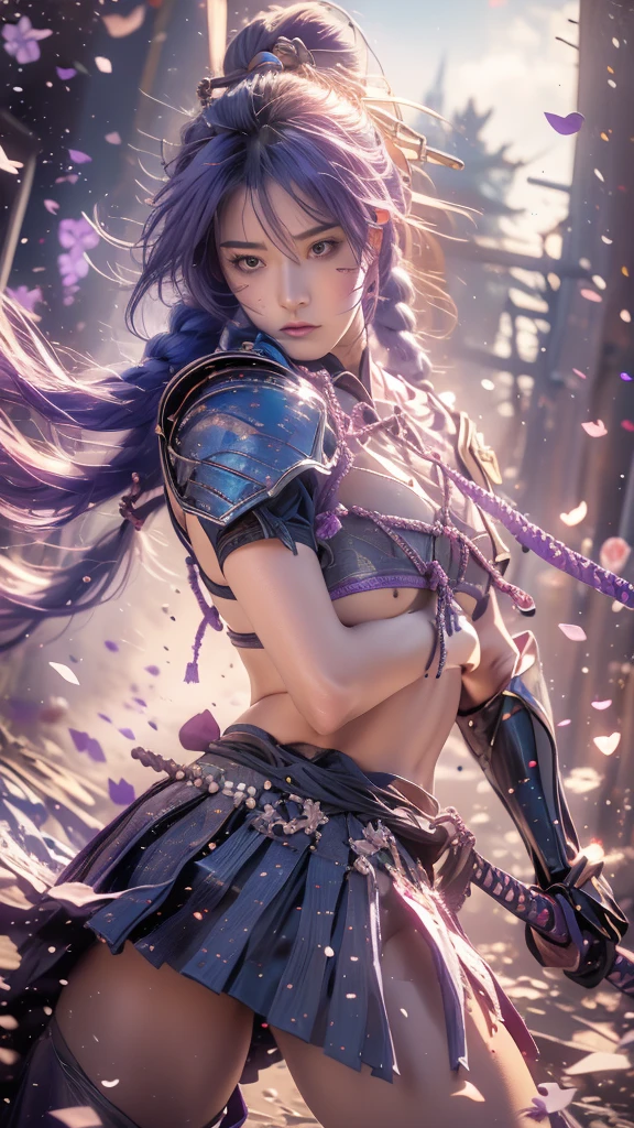 {best quality}, {very aesthetic}, {ultra-detailed}, nsfw、((spread legs))、Sexy Lolita female character wearing purple armor as a warrior from the Sengoku period、((realistic))、((rope braid hair))、((Mauve blue hair ))、((toned body))、(glistening skin)、li、、 tight body、((flat chest))、((side boob))、 flat chested、 plump thighs 、 purple armor with violet flower patterns engraved 、((side boob))、(  wearing a cape with a violet flower pattern )、(drape skirt)、 purple armor with violet flowers engraved on it 、 purple high-leg underwear 、Purple tights、 absolute domain、(holding katana)、Dramatic lighting、Brilliant sunrise、 on top of the hill、((Violets dancing ))、(( full bloom in the background ))、(( large violet flowers in full bloom on the front ))、 cinema-like scene 、 Max Image、 Ultra High Definition、8k、masterpiece、crisp quality、