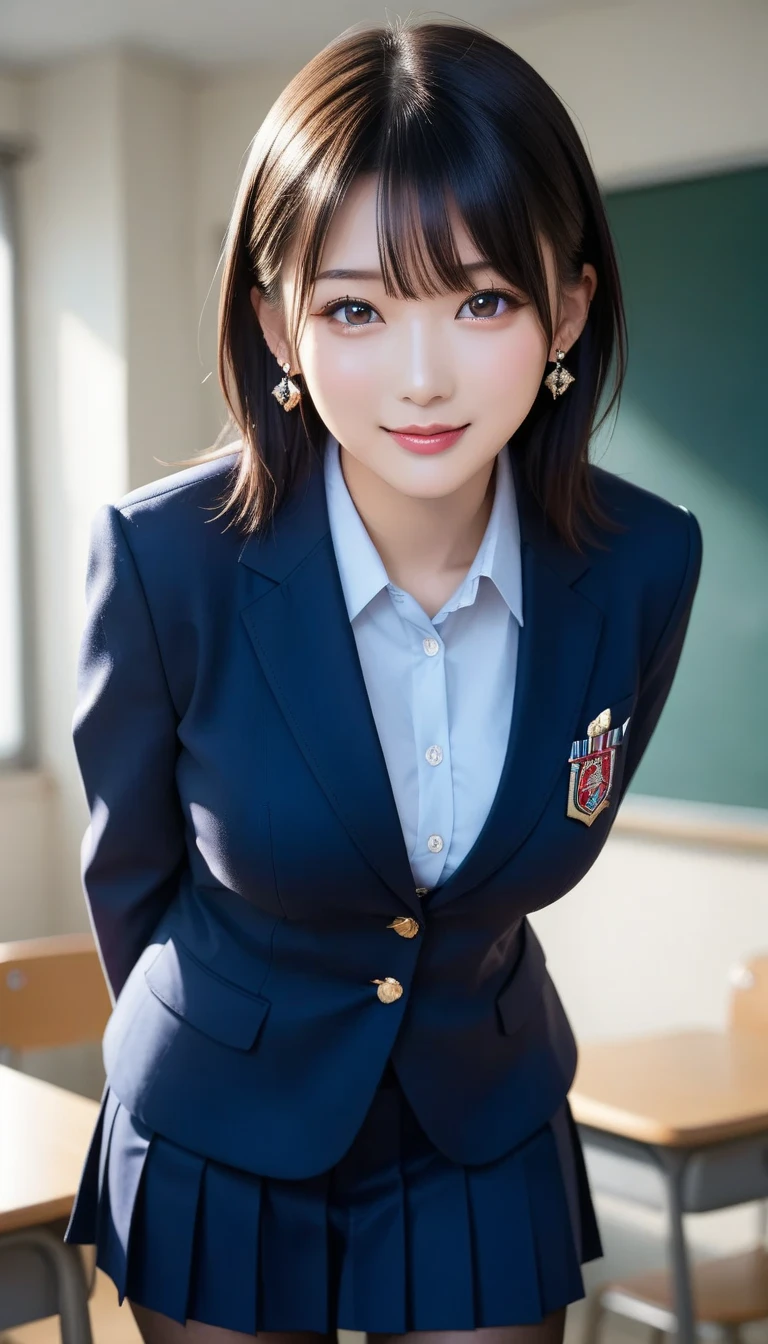 スコア_9, スコア_8_アップ, スコア_7_アップ, sアップer detailed, BREAK A breathtakingly beautiful Japanese woman with long, silky black hair, wearing a modern school uniform with a fitted blazer, short skirt, and tights. She has a radiant smile, stunning facial and eye details, and a confident yet graceful demeanor. She is posing in a classroom setting, leaning forward slightly with her hands placed behind her back, emphasizing her elegant posture. Her figure is curvaceous with a focus on her proportions, and the scene captures her in a dynamic position as she squats or does the splits. The atmosphere includes soft steam or light haze for added depth and realism. Ultra-high-definition, 32K resolution, masterpiece-level detail, Hausmo style.