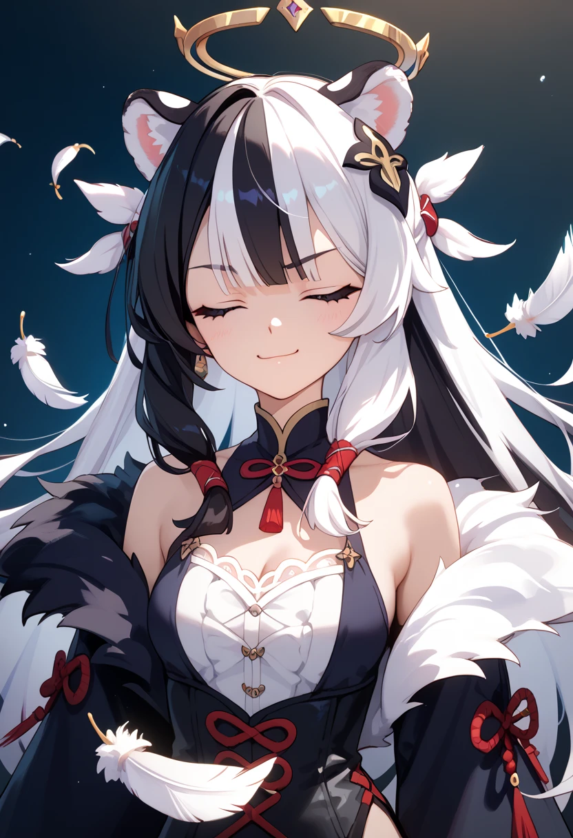 ((masterpiece)), anime lighting, 1girl, white hair, black hair, multicolored hair, white tiger ears, white tiger tail, closed eyes, sadistic smirk, smug, mask on eyes, one eye open, purple eye, feathers in hair, angel-like aura, dark aura.