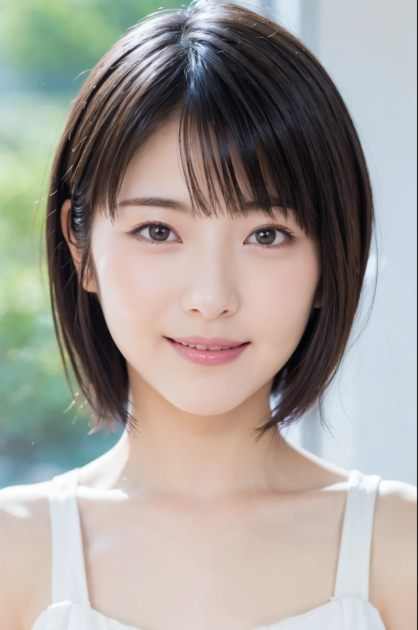 ( super beautiful girl :1.2), neat and clean woman , Masterpiece , top quality, Great Skin, delicate face, cool smile, Young Face, clean looking , sparkling eyes , double eyelids 、 (( high definition )), (( High Definition CG Unity 8K Wallpaper )), short hair, bangs, elegant rounded bob, the face is facing the front 、 A woman dressed in pastel colors 、 An attractive and captivating , dim room, sentimental、( thin)