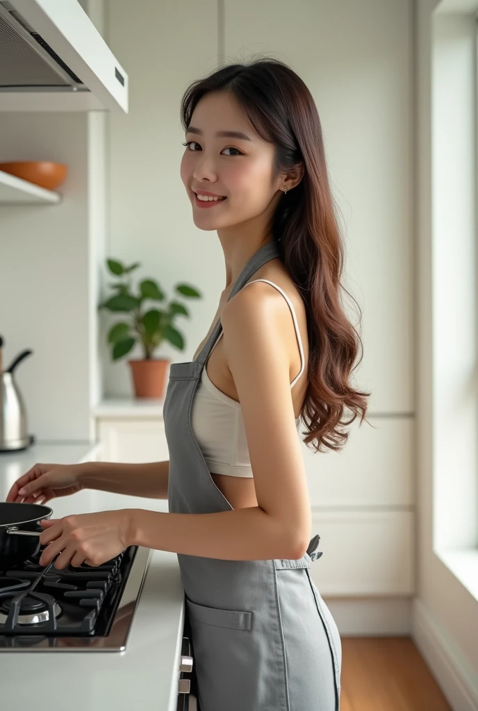 a woman is cooking, (naked_apron:1.3), good hand,4k, high-res, masterpiece, hand up to back head, best quality, head:1.3,((Hasselblad photography)), finely detailed skin, sharp focus, (cinematic lighting), soft lighting, dynamic angle, [:(detailed face:1.2):0.2], medium breasts, sweaty skin:1.2, (((inside kitchen))),  gravure pose
