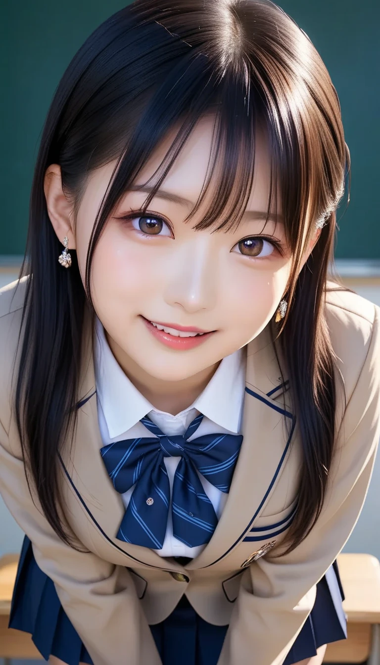 スコア_9, スコア_8_アップ, スコア_7_アップ, sアップer detailed, BREAK A breathtakingly beautiful Japanese woman with long, silky black hair, wearing a modern school uniform with a fitted blazer, short skirt, and tights. She has a radiant smile, stunning facial and eye details, and a confident yet graceful demeanor. She is posing in a classroom setting, leaning forward slightly with her hands placed behind her back, emphasizing her elegant posture. Her figure is curvaceous with a focus on her proportions, and the scene captures her in a dynamic position as she squats or does the splits. The atmosphere includes soft steam or light haze for added depth and realism. Ultra-high-definition, 32K resolution, masterpiece-level detail, Hausmo style.