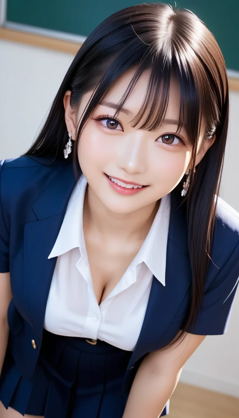 スコア_9, スコア_8_アップ, スコア_7_アップ, sアップer detailed, BREAK A breathtakingly beautiful Japanese woman with long, silky black hair, wearing a modern school uniform with a fitted blazer, short skirt, and tights. She has a radiant smile, stunning facial and eye details, and a confident yet graceful demeanor. She is posing in a classroom setting, leaning forward slightly with her hands placed behind her back, emphasizing her elegant posture. Her figure is curvaceous with a focus on her proportions, and the scene captures her in a dynamic position as she squats or does the splits. The atmosphere includes soft steam or light haze for added depth and realism. Ultra-high-definition, 32K resolution, masterpiece-level detail, Hausmo style.