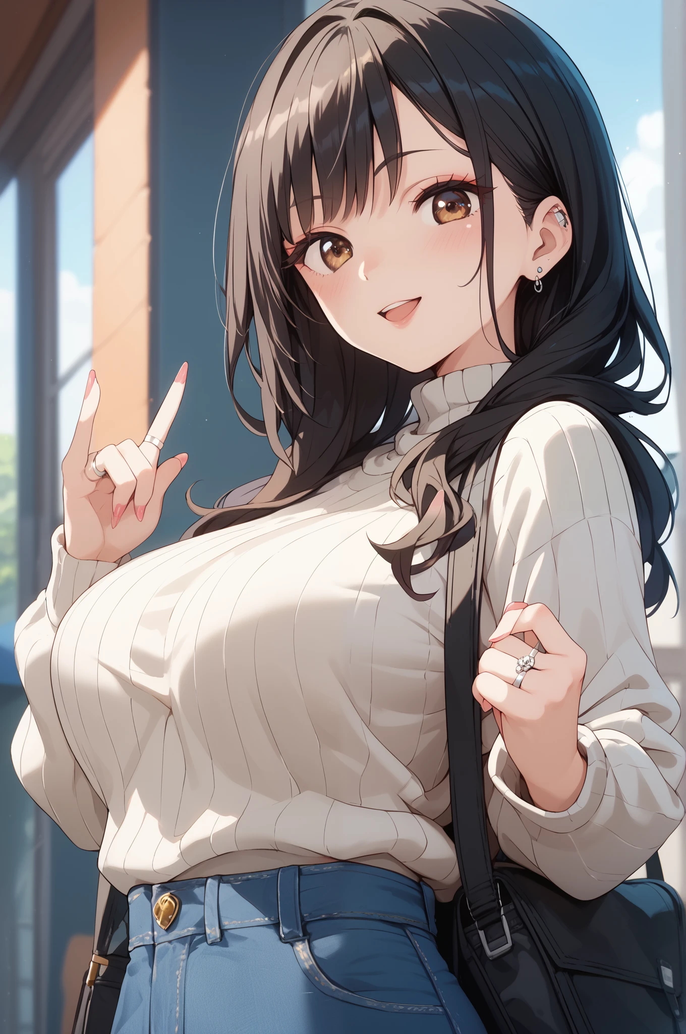 Summer Park　Big Breasts　Perfect System　 summer sweater　 denim skirt　Ring on the ring finger of the left hand　 black hair　 smiles　 brown eyes　I want to hold your hand