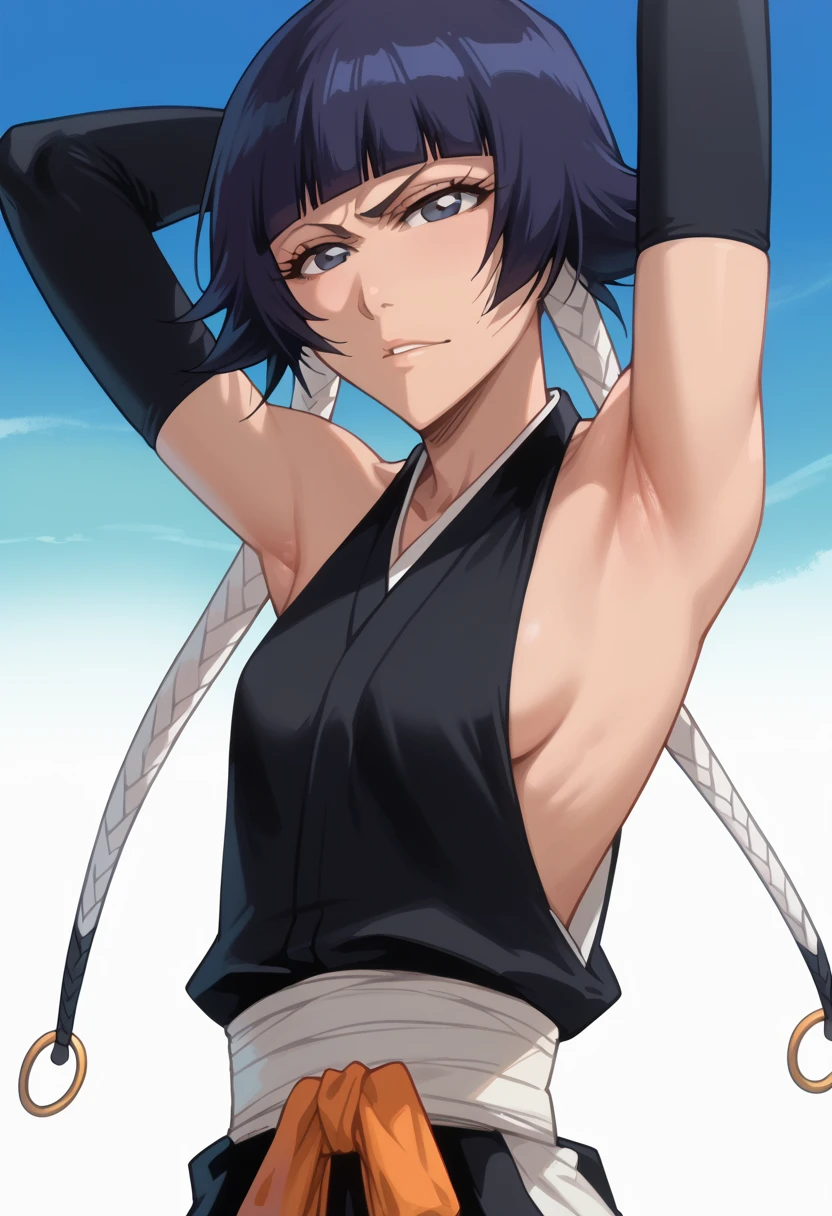 whole body, sweated、,close-up,Soi Fon,Bleach、Bleach,Black Hair, 1girl, breasts, soifon, japanese clothes, sideboob, hip vent, detached sleeves, bare shoulders, small breasts, armpits, showing armpits, arms up,  seductive smile, seductive eyes