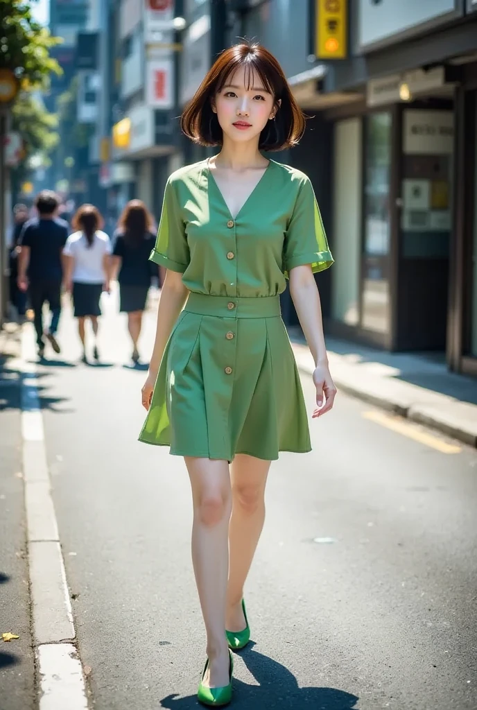 A beautiful woman in a green dress is standing on the sidewalk next to the rest stop, the background is a red motorcycle, cyber realistic, high detail face, 8k --auto --s2