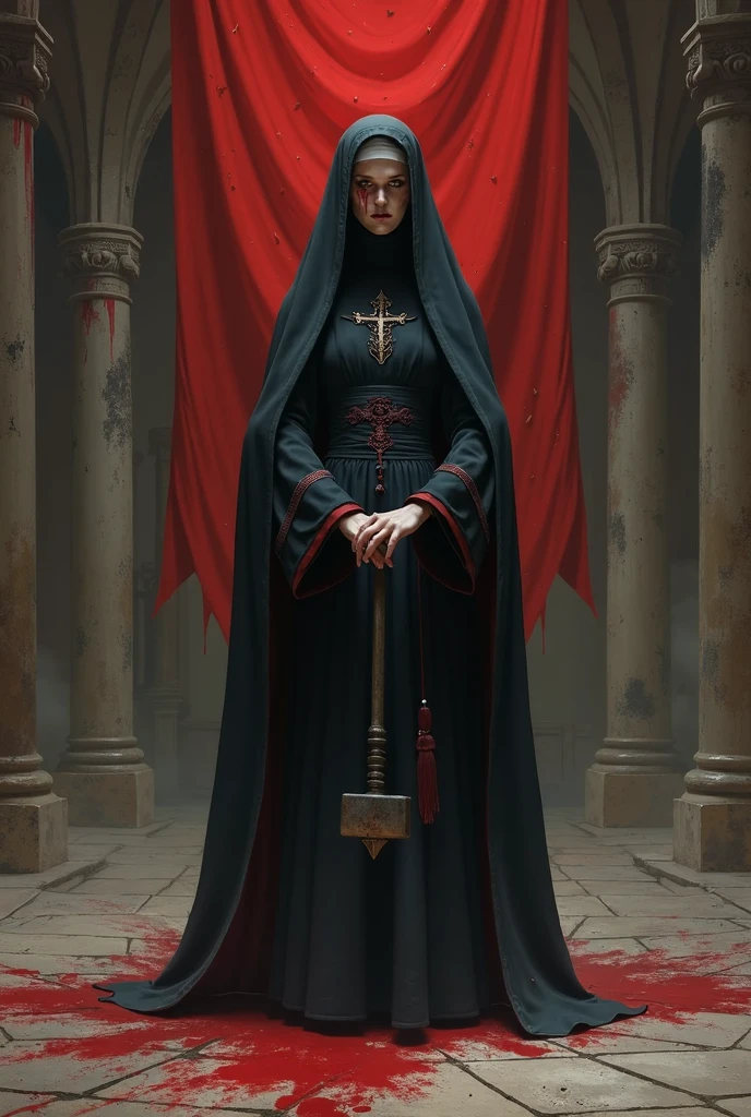 raw, analog) (gothic nun huge breast), set in the 1990's, surreal make up, leather clothes inside a gothic church at night, neon lights, very dark, horror, red shades, chaos, sinister, high details, ultra realistic, SonyA7III, cinematic lighting, film, grain, UHD faces, volumetric shadow, insanely detailed,