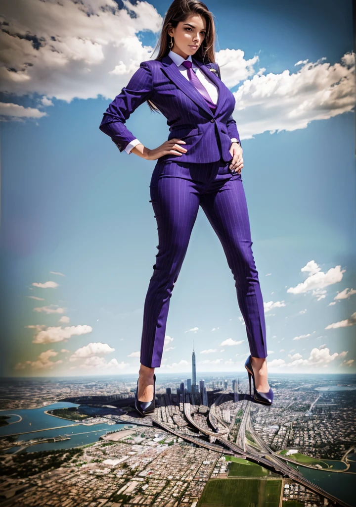  100 miles tall giantess stand upon a tiny planat, A sophisticated and stylish woman in a light grey italian pinstriped trousers suit, white shirt tucked neatly in trousers, and a 10cm width purple necktie in a windsor knot, tie length down to top of trousers, with a beautiful, curvaceous figure, massive breasts, and long blonde hair, with a curvaceous figure and massive breasts. wearing red rounded court shoes high heels with uncovered feet and standing, rampage-like pose, with a cityscape background of mega-city, urban sprawl, and small towns, partially obscured by a hazy, cloudy atmosphere. The image is a high-resolution, masterpiece-quality, cinematic, ultra-detailed, and hyper-photorealistic photograph, with perfect hands, face, and lighting. ultra-detailed, 8K, photo-realistic, hyper-realistic, masterpiece, intricate details, full body view. Looking at camera, The image is a high-resolution, masterpiece-quality, cinematic, ultra-detailed, and hyper-photorealistic photograph, with perfect hands, face, and lighting. ultra-detailed, 8K, photo-realistic, hyper-realistic, masterpiece, intricate details, full body view