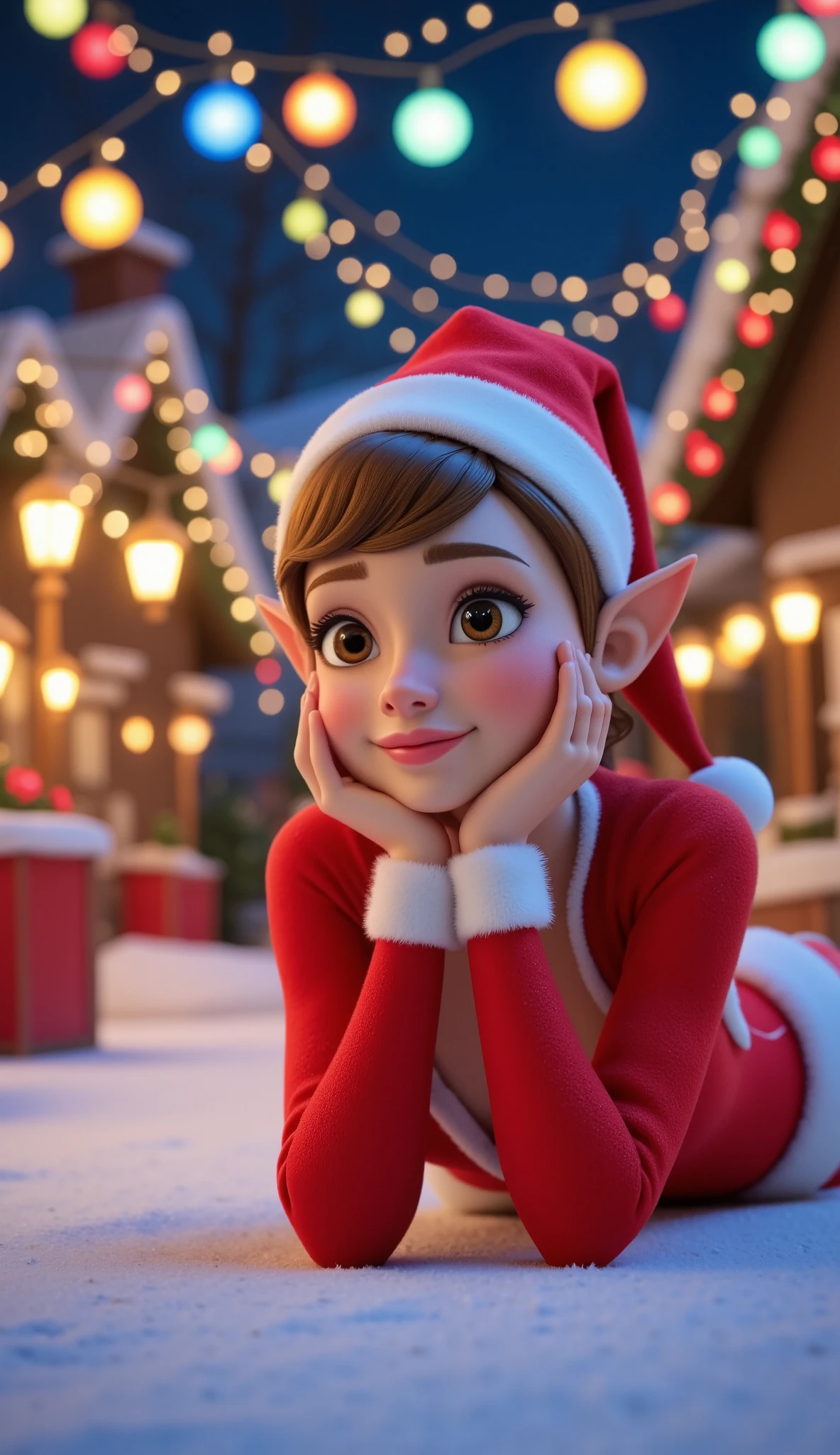 3D Disney / Pixar Animations , Lying on the ground in a sexy pose , Santa Claus Village , Christmas, Christmasの飾り, colorful , Colored Light Bulbs , cinematic , Female Sexy Elves , Christmasベイビー, Wears clothes that accentuate their thin waist and wide hips