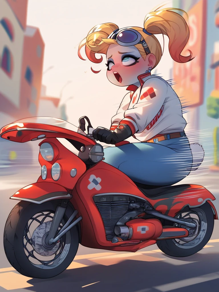 Candace, red tank top, skirtless, riding a motorcycle, white panties with red hearts, heart print panties, legs, white shoes, red socks, sunglasses, rear view, big butt, else half closed, head turned to viewer, looking at viewer, 2D cartoon,